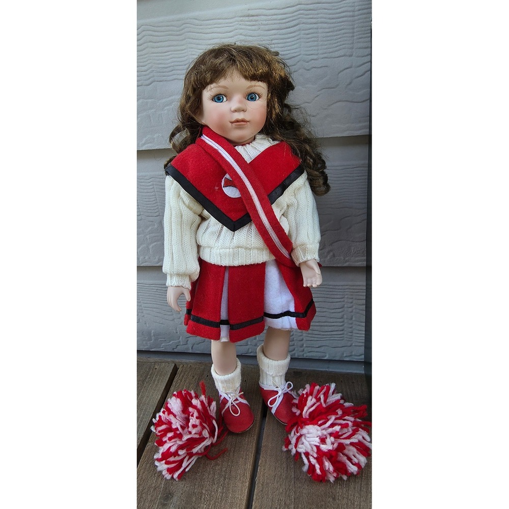 Geppeddo Porcelain Collector Doll Brunette Cheerleader Red White Uniform 16 inch